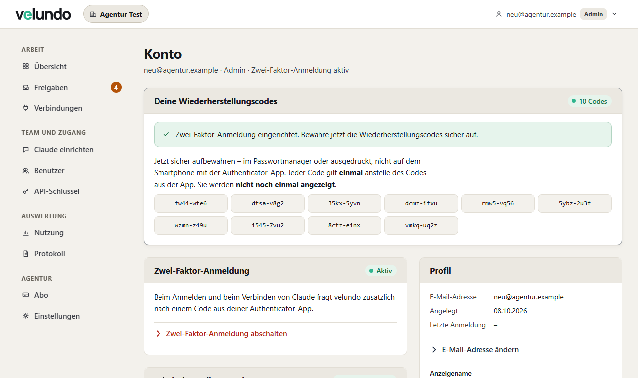 Karte „Deine Wiederherstellungscodes“ mit zehn Codes und dem Hinweis, dass sie nicht noch einmal angezeigt werden