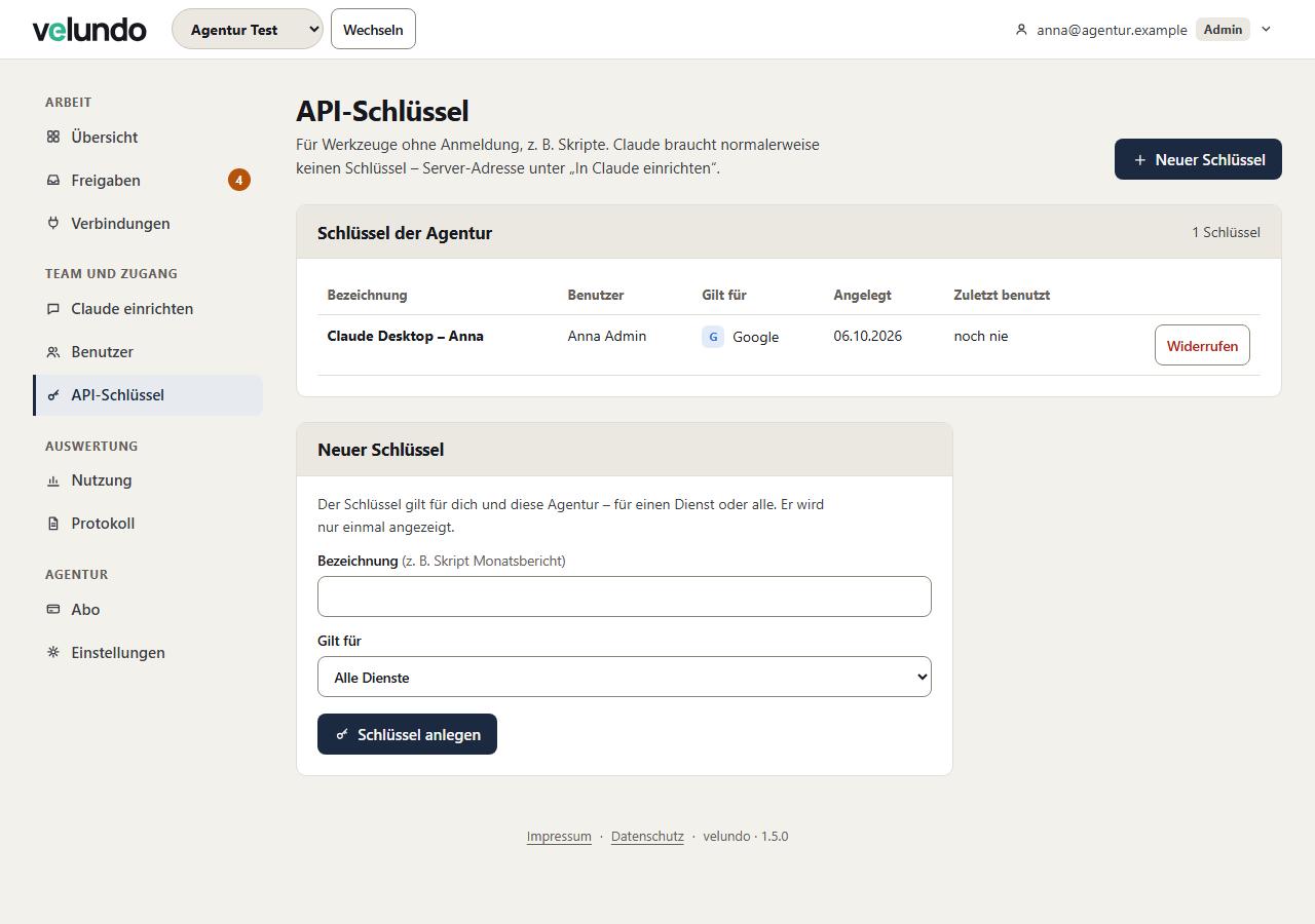 Seite „API-Schlüssel“: Liste mit einem Schlüssel „Claude Desktop – Anna“ (Bezeichnung, Benutzer, gilt für Google, Knopf „Widerrufen“) und Formular „Neuer Schlüssel“