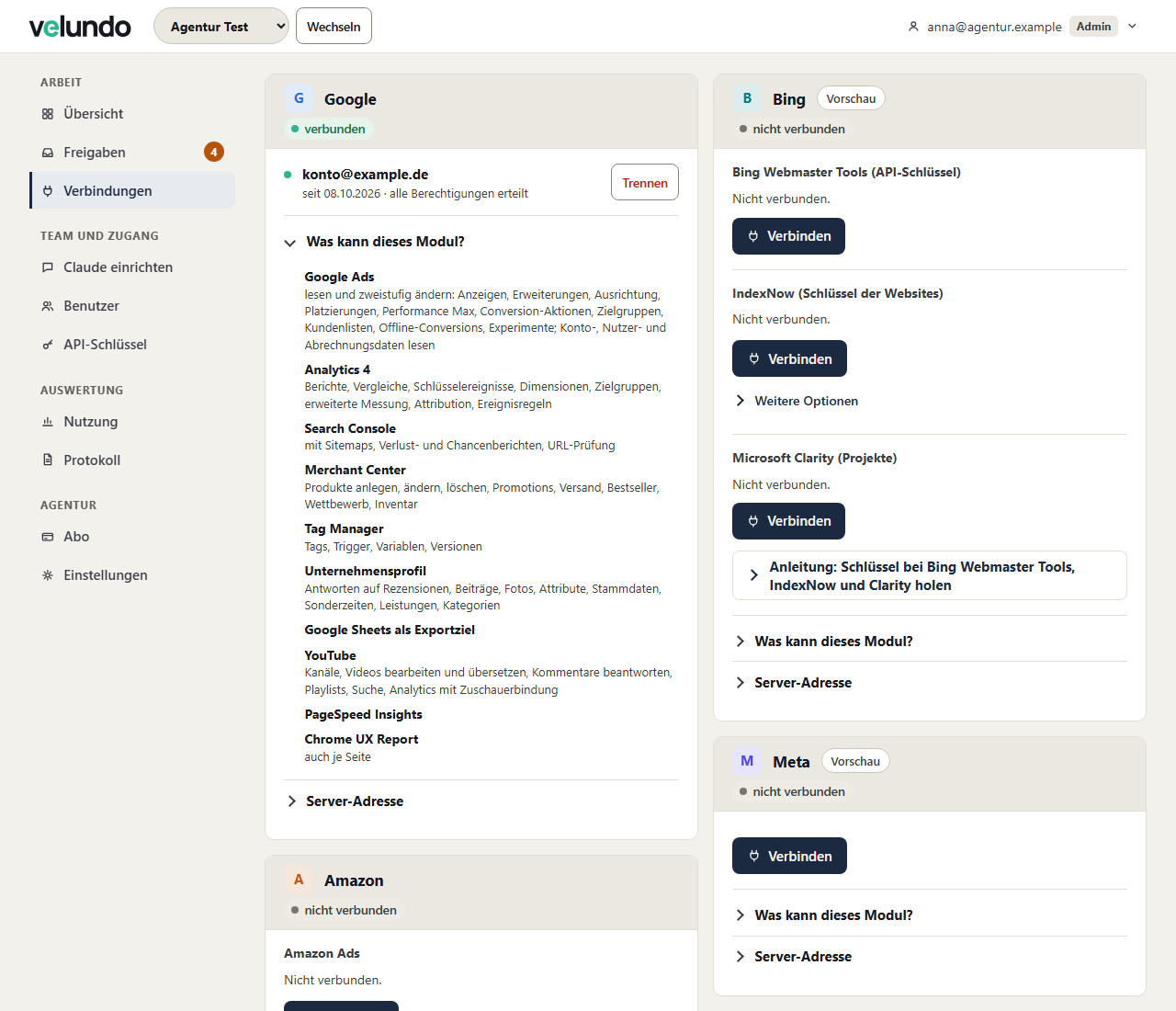 Verbindungskarte „Google“ mit aufgeklapptem „Was kann dieses Modul?“: Google Ads, Analytics 4, Search Console, Merchant Center, Tag Manager, Unternehmensprofil, Google Sheets, YouTube, PageSpeed Insights, Chrome UX Report