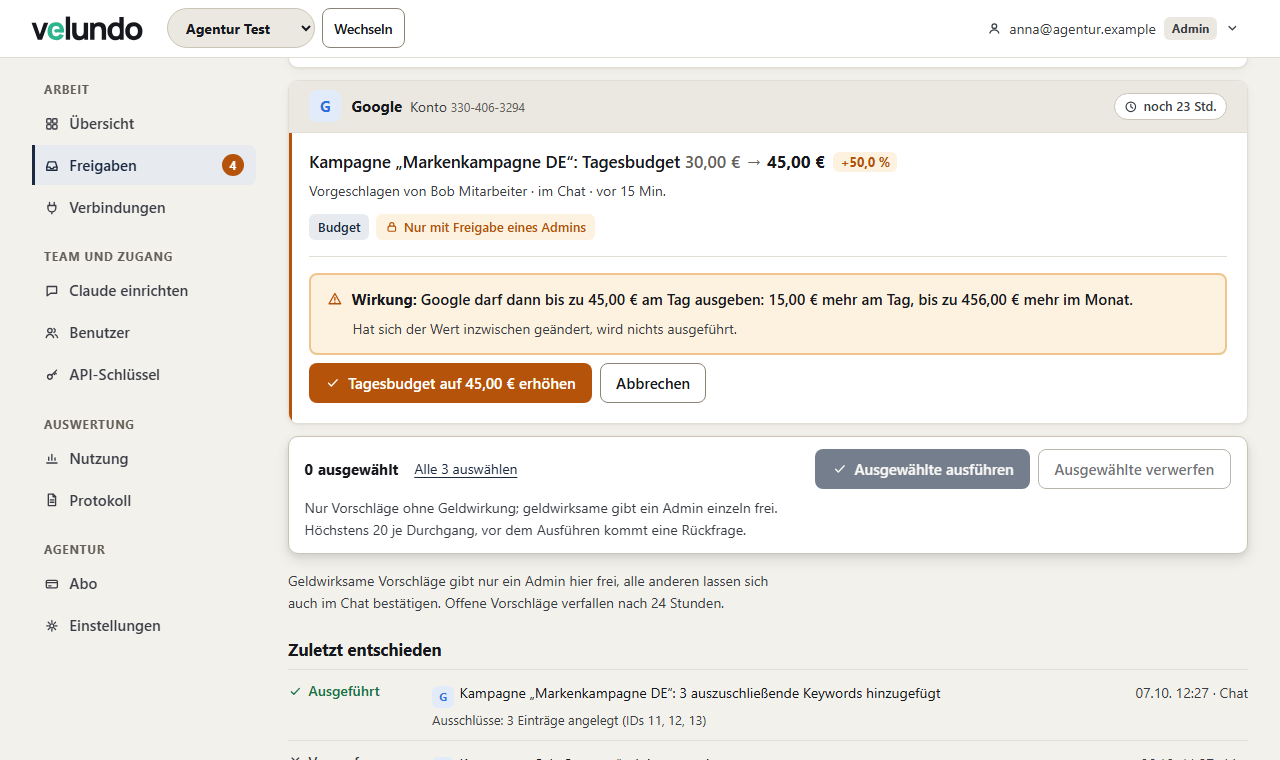 Bestätigungsschritt eines Budget-Vorschlags: Wirkungssatz in Amber, Hinweis „Hat sich der Wert inzwischen geändert, wird nichts ausgeführt“, Knöpfe „Tagesbudget auf 45,00 € erhöhen“ und „Abbrechen“