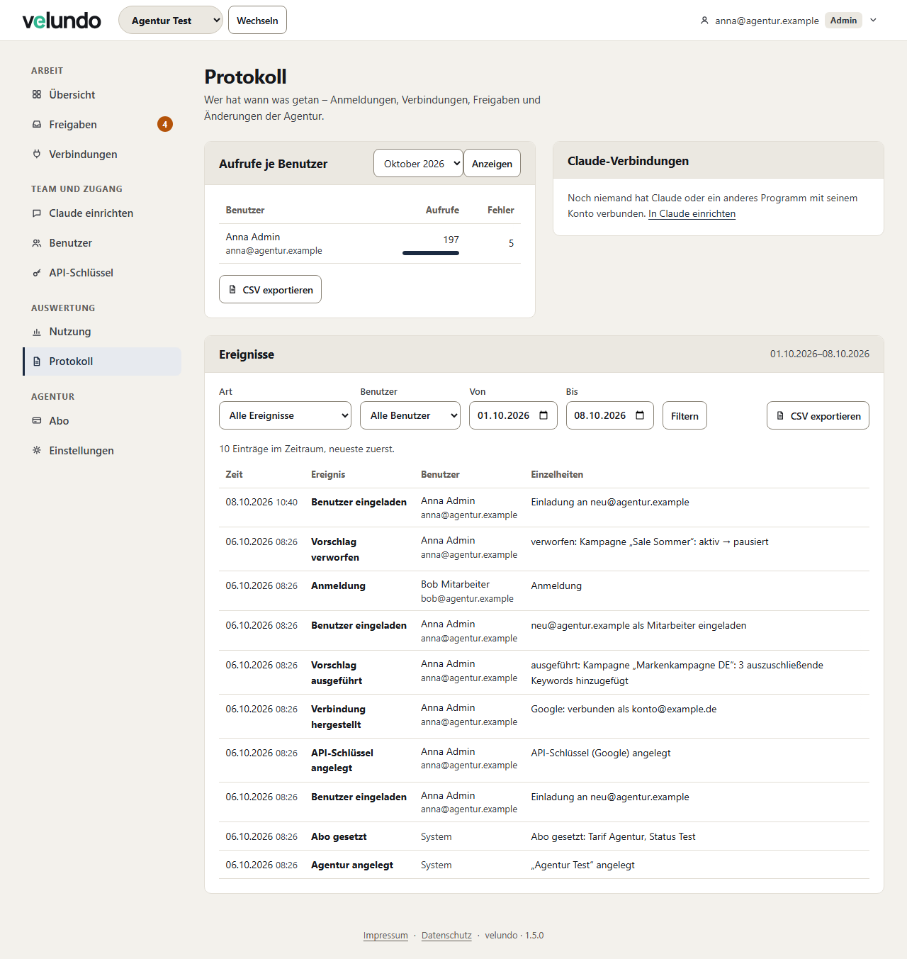 Seite „Protokoll“: Aufrufe je Benutzer, Claude-Verbindungen, Ereignisliste mit Filtern Art, Benutzer, Von, Bis und CSV-Export