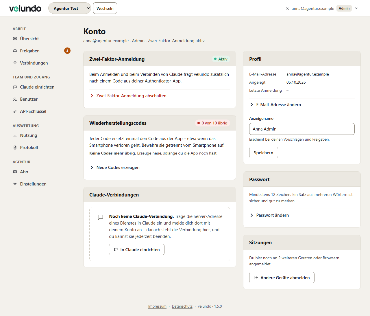 Seite „Konto“: Karten Zwei-Faktor-Anmeldung (aktiv), Wiederherstellungscodes, Claude-Verbindungen, Profil mit „E-Mail-Adresse ändern“, Passwort und Sitzungen